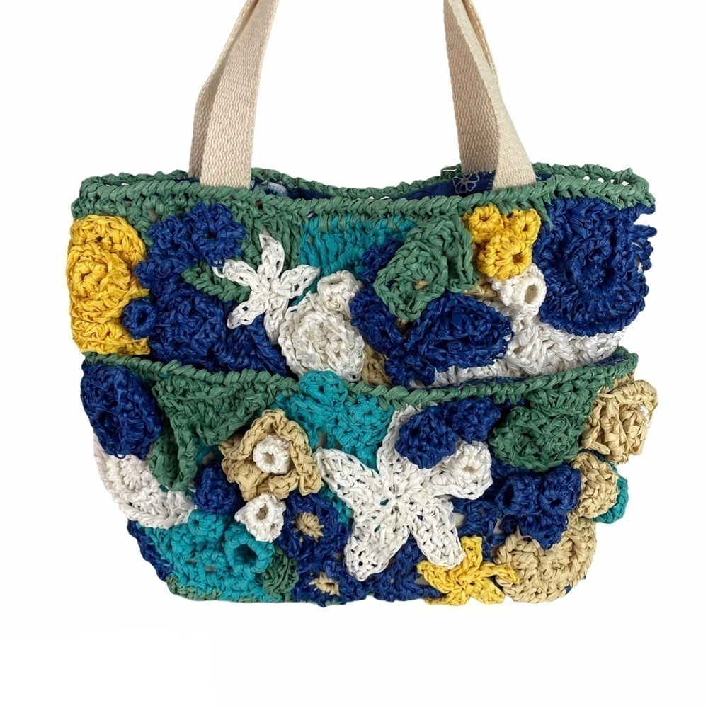 Vintage Woven Satchel Bag Purse Straw Floral Multi Colored Blue White So Cute - Picture 2 of 9
